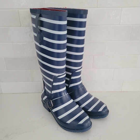 LL Bean Tall Wellie Knee-High Rubber Rain Boot Blue White Stripe Waterproof 8 - Picture 1 of 8